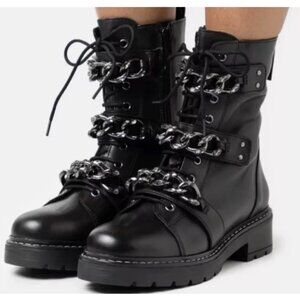 NEW Kurt Geiger London Storm Black Leather Combat Boot Chain Size 36.5 US 6